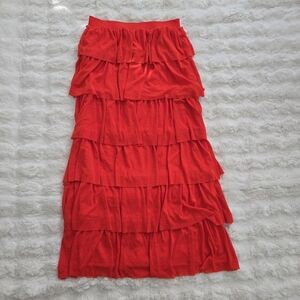 VILA Clothes Vivoulan Maxi Skirt Orange Red Tiered Ruffle Boho Size M NWT